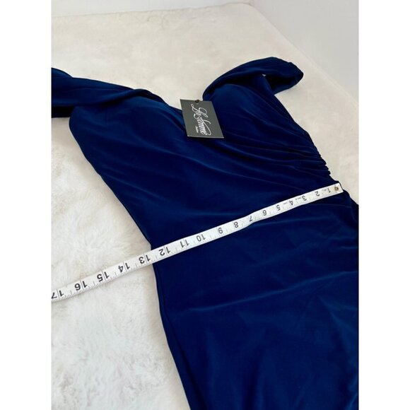 New La Femme Size 10 Off the Shoulder Ruched Floor Length Gown Navy - Picture 6 of 13
